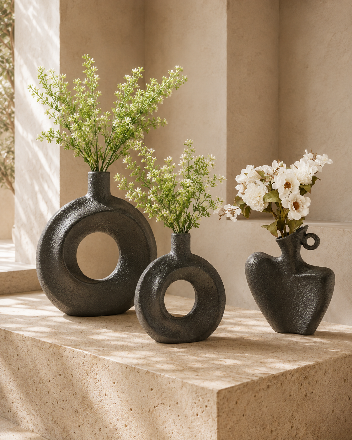 Trois vases sculpturaux noirs garnis de fleurs