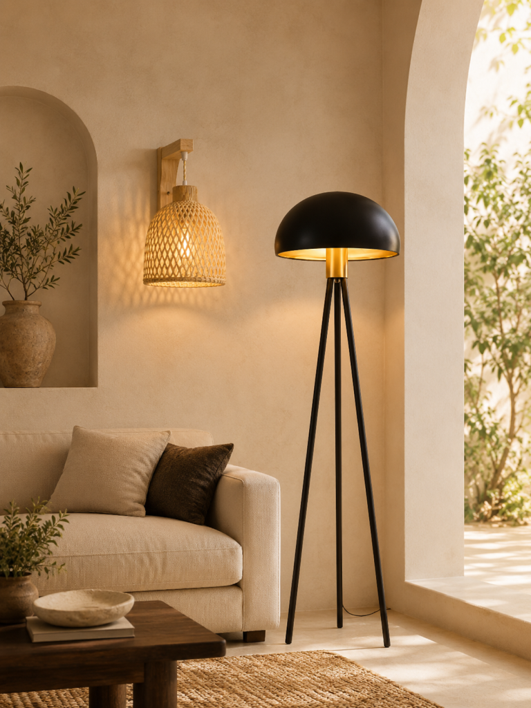 Lampadaire noir et applique en rotin dans un salon méditerranéen