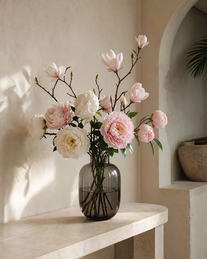 Bouquet de pivoines et magnolias dans un vase en verre fumé