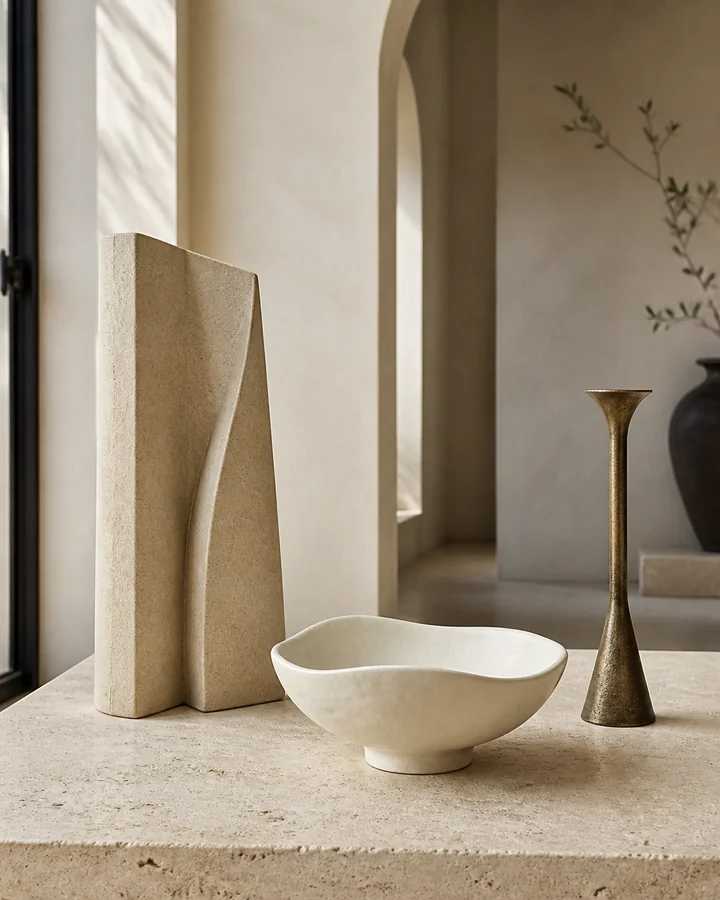 Sculpture, coupe en céramique et bougeoir sur une table en travertin