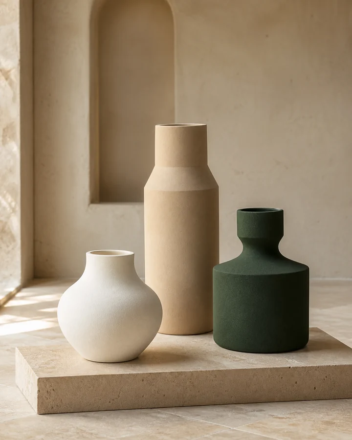 Vases aux tons sable disposés sur une console